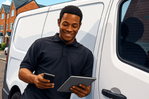 Illustration of a worker using a tablet and mobile phone beside a white van