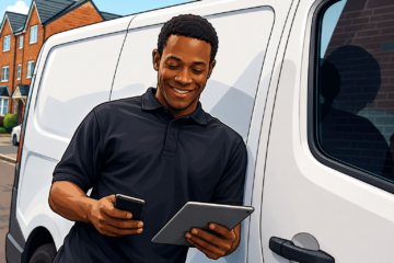 Illustration of a worker using a tablet and mobile phone beside a white van